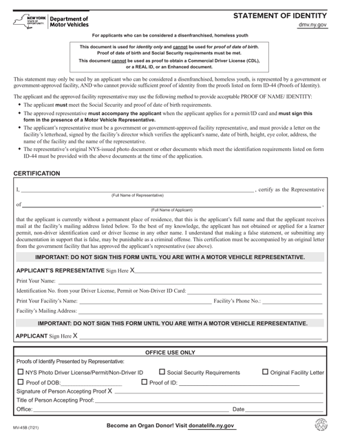 Form MV-45B Statement of Identity - for Applicants Who Can Be Considered a Disenfranchised, Homeless Youth - New York