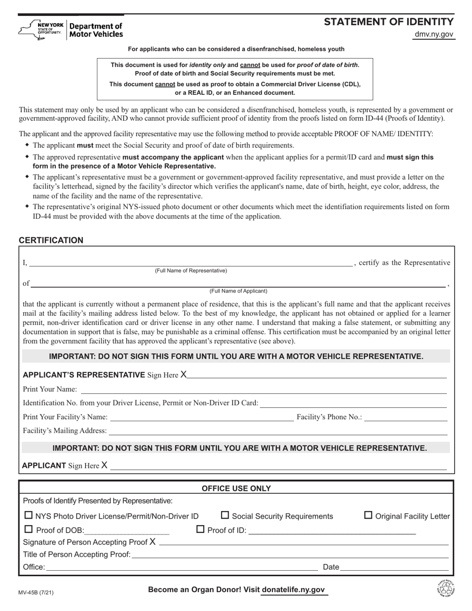 Form MV-45B Statement of Identity - for Applicants Who Can Be Considered a Disenfranchised, Homeless Youth - New York, Page 1
