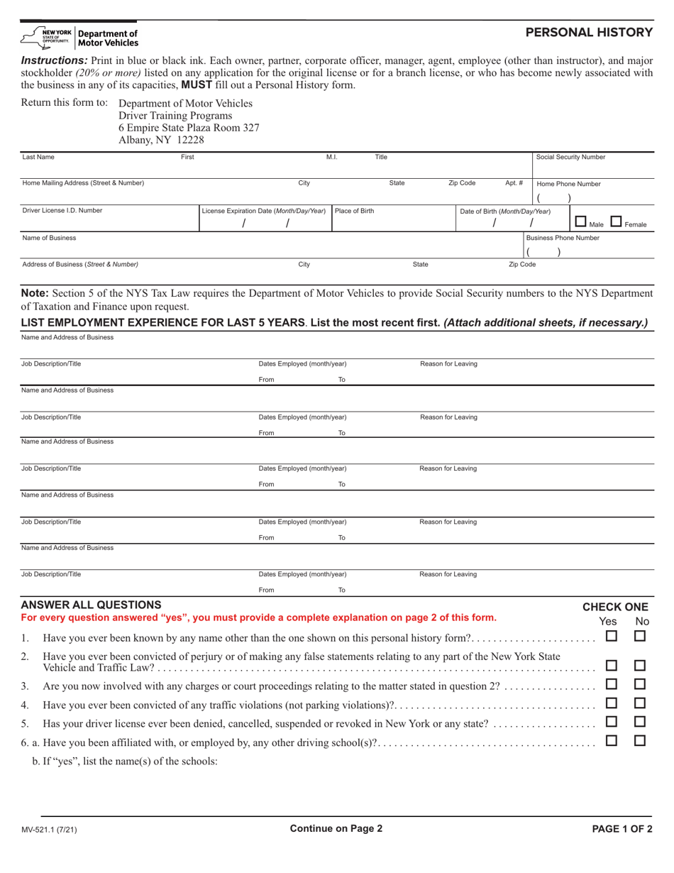 Form Mv-521.1 Download Fillable Pdf Or Fill Online Personal History 