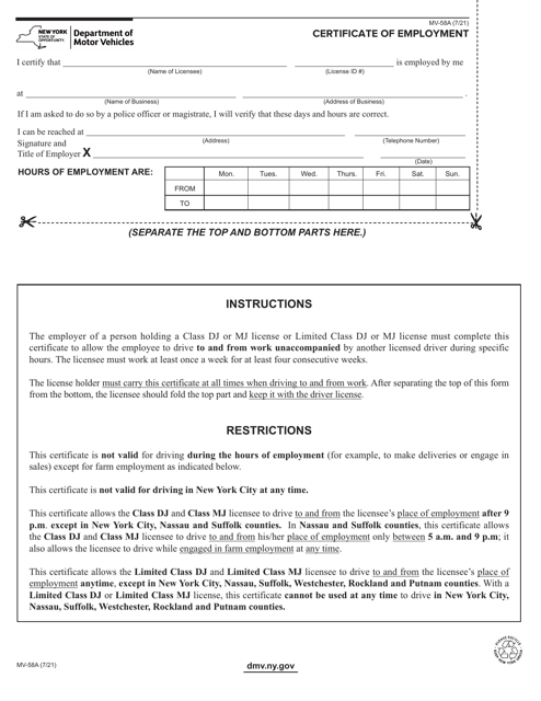 Form MV-58A Certificate of Employment - New York