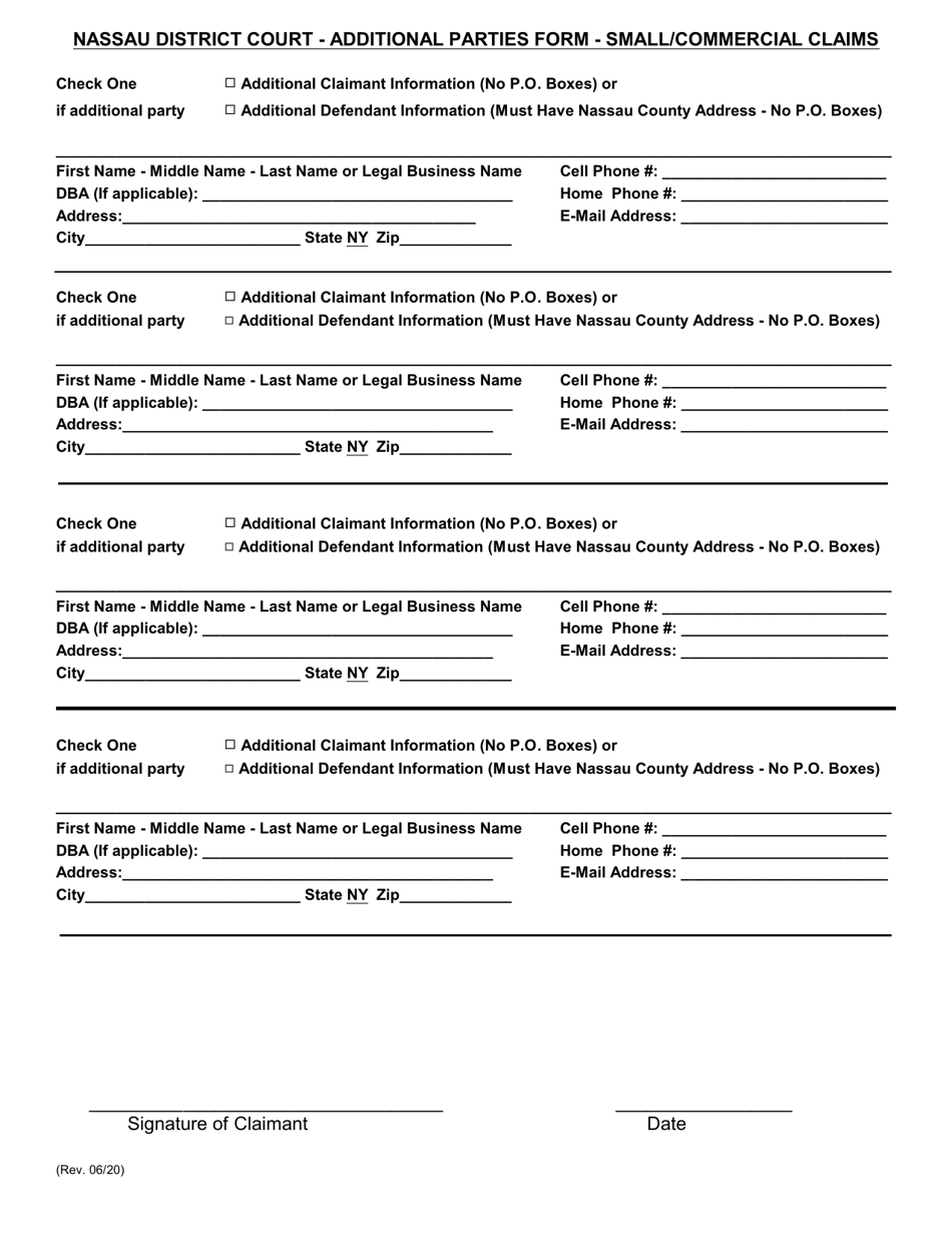 Additional Parties Form -small / Commercial Claims - Nassau County, New York, Page 1