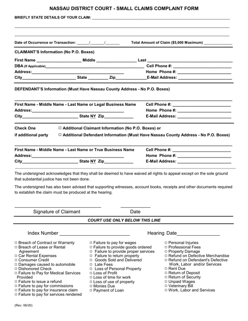 Small Claims Complaint Form - Nassau County, New York Download Pdf