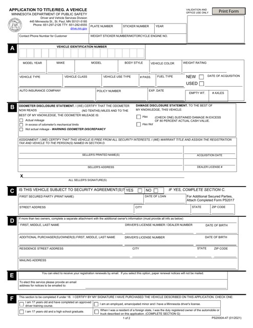 Form PS2000A application to Title and Register a Motor Vehicle - Minnesota