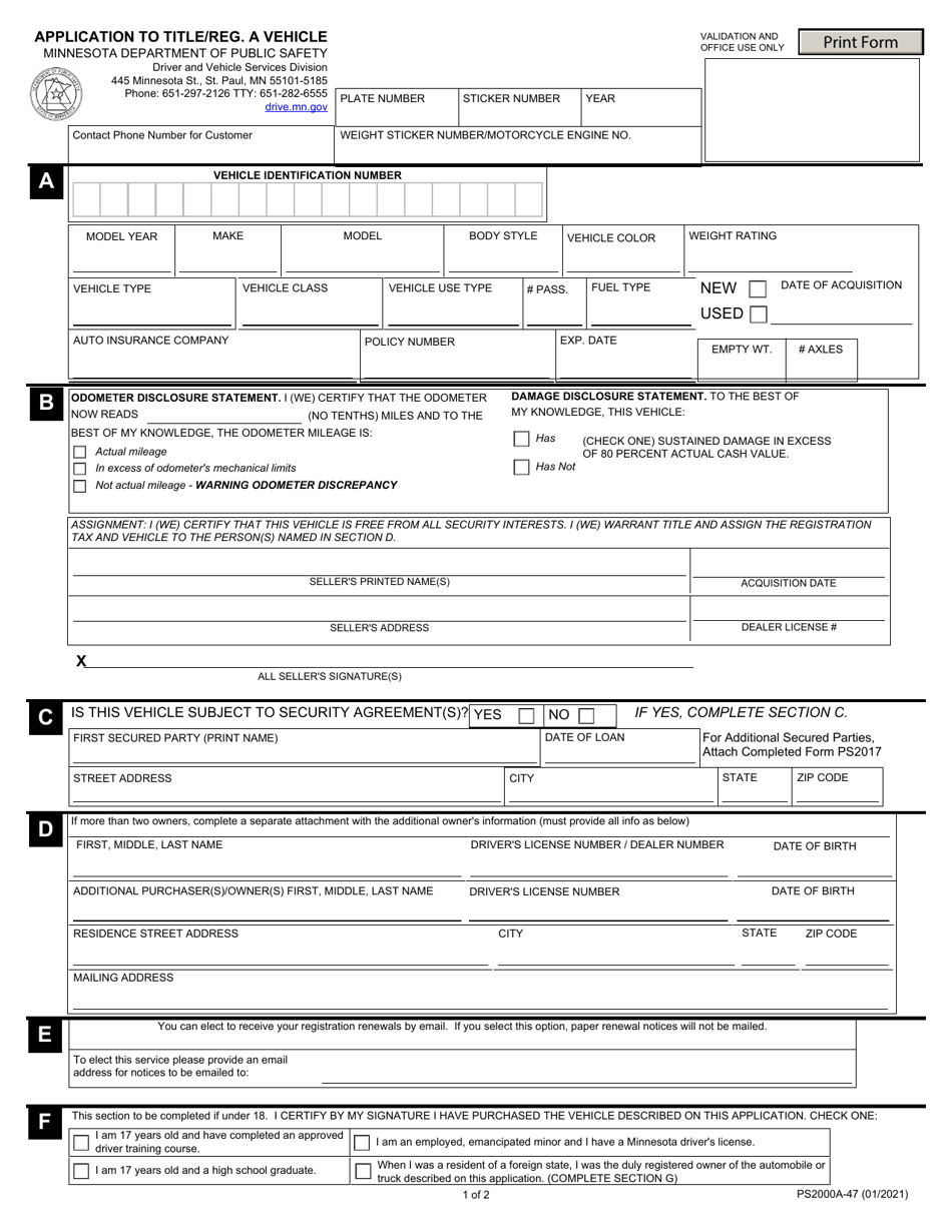Form PS2000A application to Title and Register a Motor Vehicle - Minnesota, Page 1