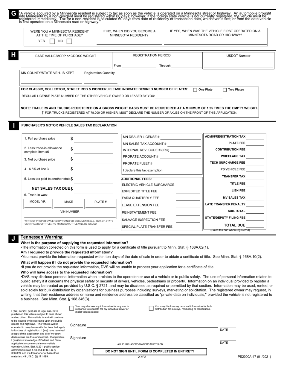 Form PS2000A application to Title and Register a Motor Vehicle - Minnesota, Page 2