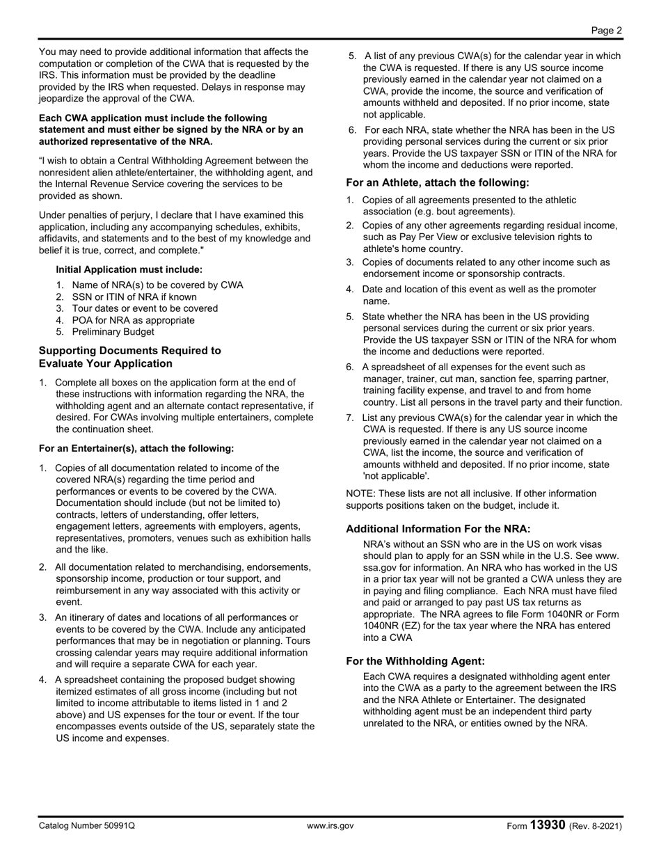 IRS Form 13930 Application for Central Withholding Agreement, Page 2