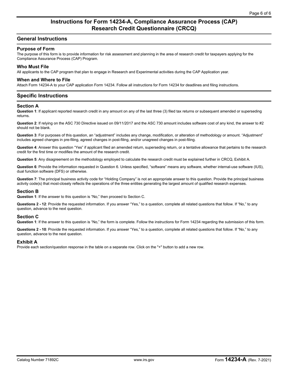IRS Form 14234-A Compliance Assurance Process (CAP) Research Credit Questionnaire (Crcq), Page 6