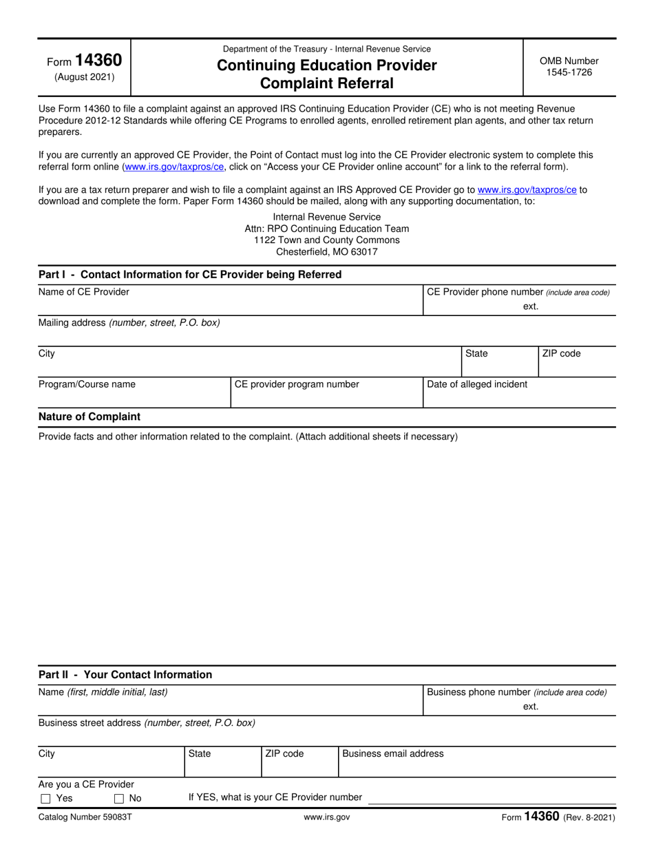 IRS Form 14360 Continuing Education Provider Complaint Referral, Page 1
