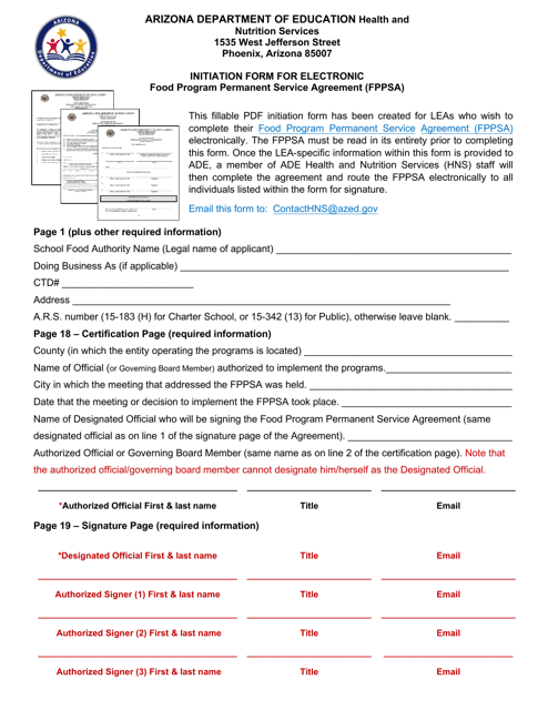 Initiation Form for Electronic Food Program Permanent Service Agreement (Fppsa) - Arizona