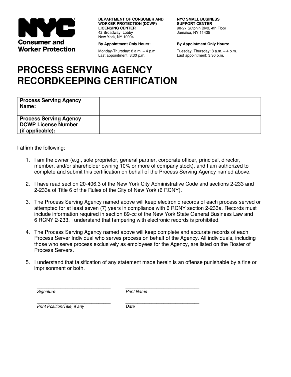 Process Serving Agency Recordkeeping Certification - New York City, Page 1