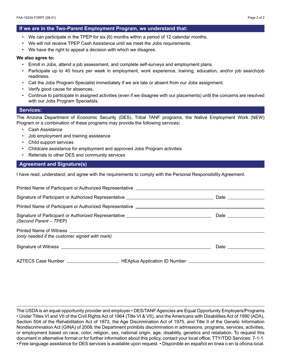 Form FAA-1523A Cash Programs Personal Responsibility Agreement (Pra) - Arizona, Page 2
