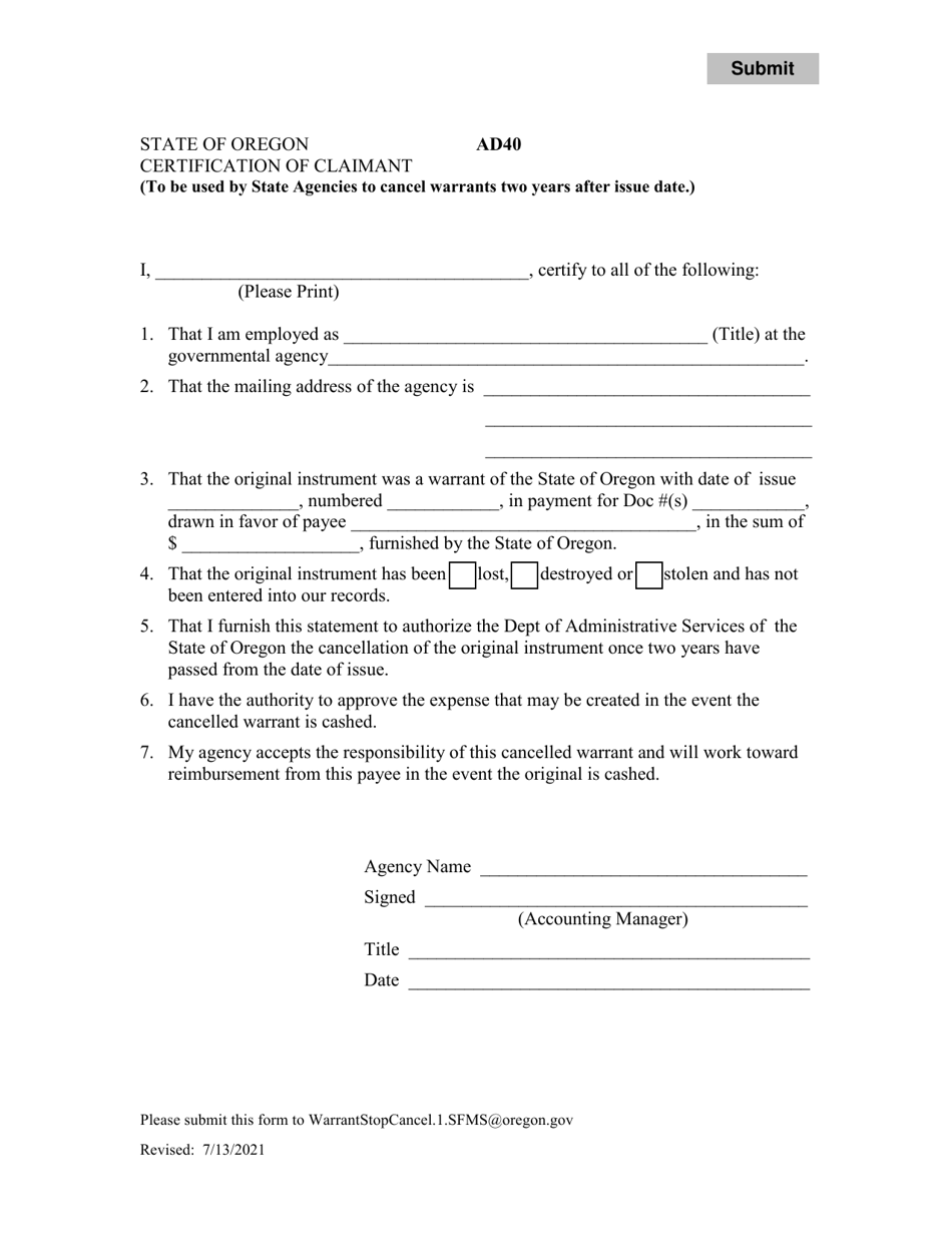 Form AD40 Certification of Claimant - Oregon, Page 1