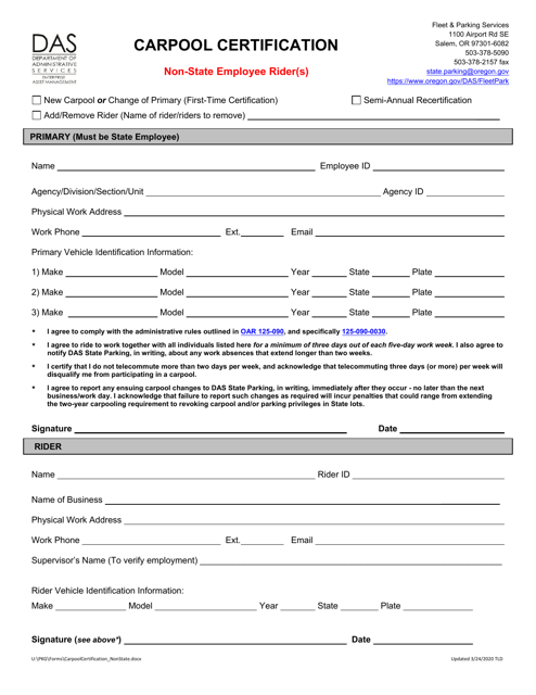 Carpool Certification - Non-state Employee Rider(S) - Oregon Download Pdf