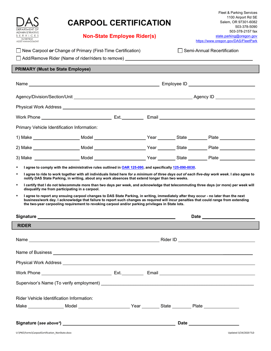 Carpool Certification - Non-state Employee Rider(S) - Oregon, Page 1