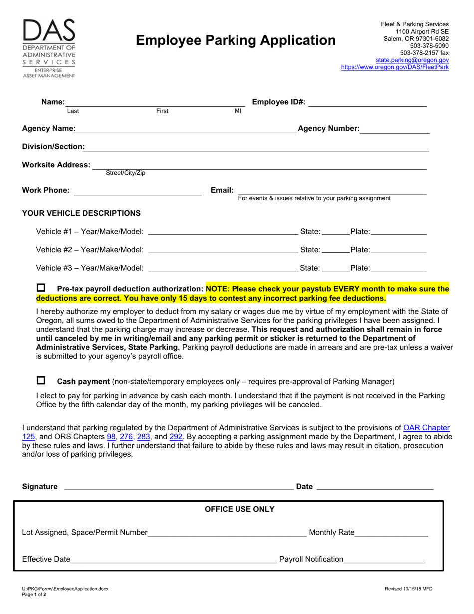 Employee Parking Application - Oregon, Page 1
