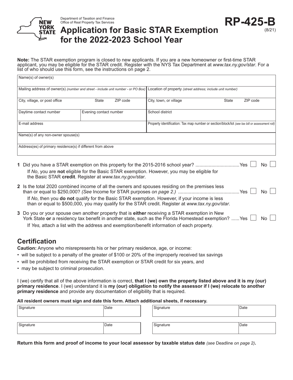 Form RP-425-B Application for Basic Star Exemption - New York, Page 1