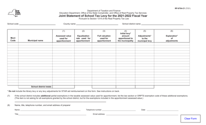 Form RP-6704-C1 Joint Statement of School Tax Levy - New York