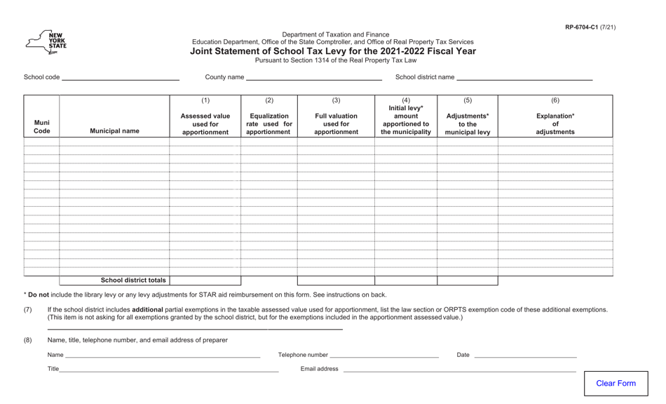 Form RP-6704-C1 Joint Statement of School Tax Levy - New York, Page 1