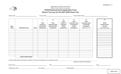 Form RP-6704-B1 Star Reimbursement Application Form - New York