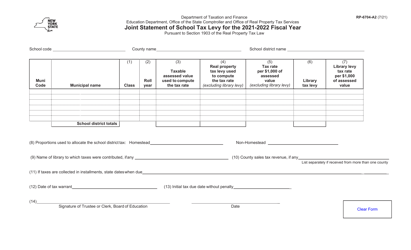 Form RP-6704-A2 Joint Statement of School Tax Levy - New York