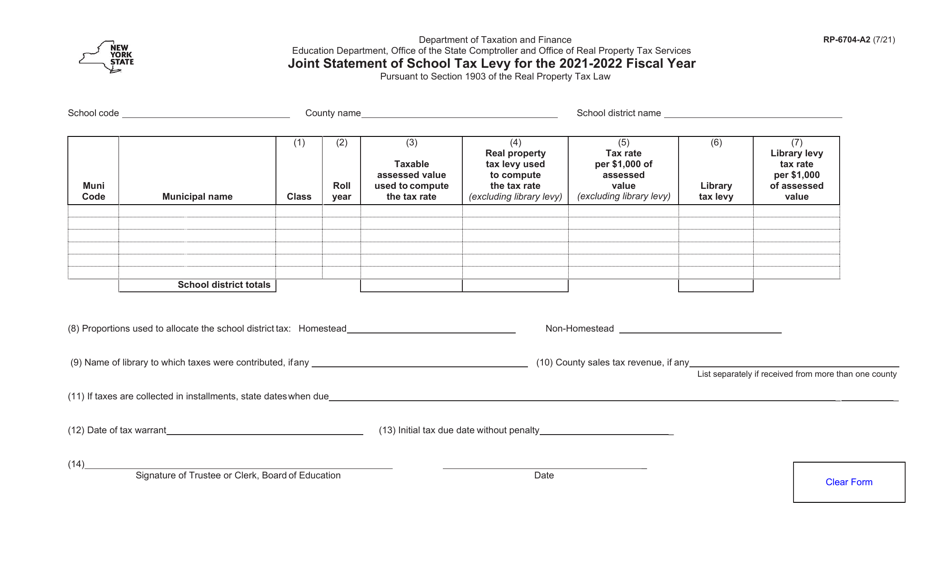 Form RP-6704-A2 Joint Statement of School Tax Levy - New York, Page 1