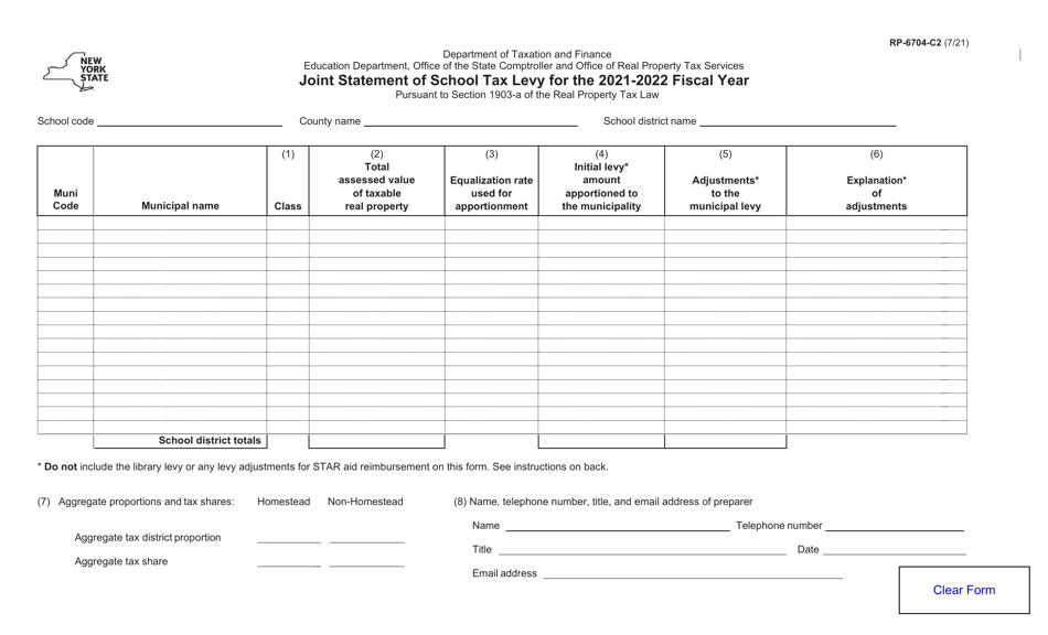 Form RP-6704-C2 Joint Statement of School Tax Levy - New York, Page 1
