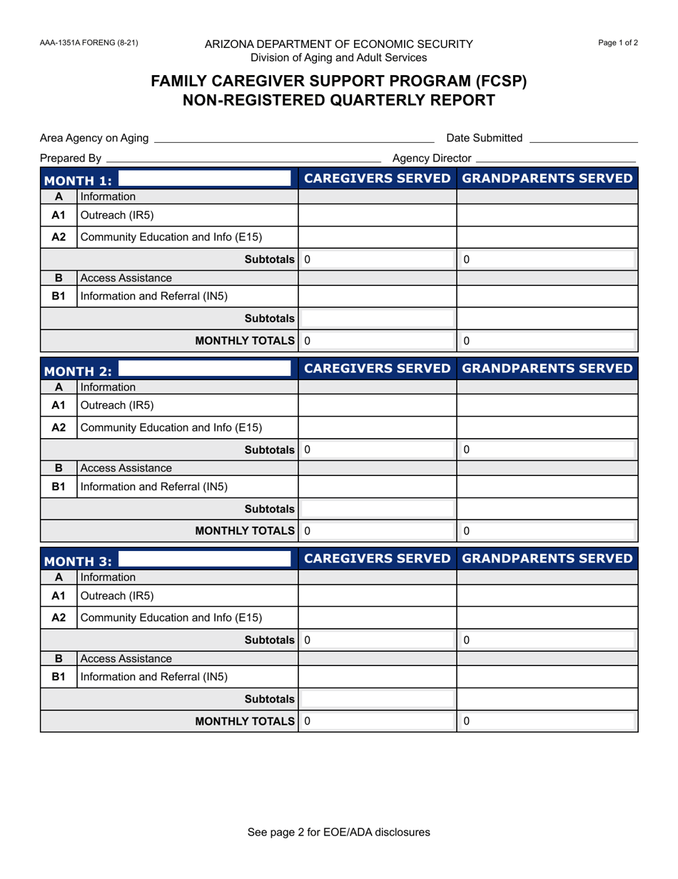 Form AAA-1351A Family Caregiver Support Program (Fcsp) Non-registered Quarterly Report - Arizona, Page 1