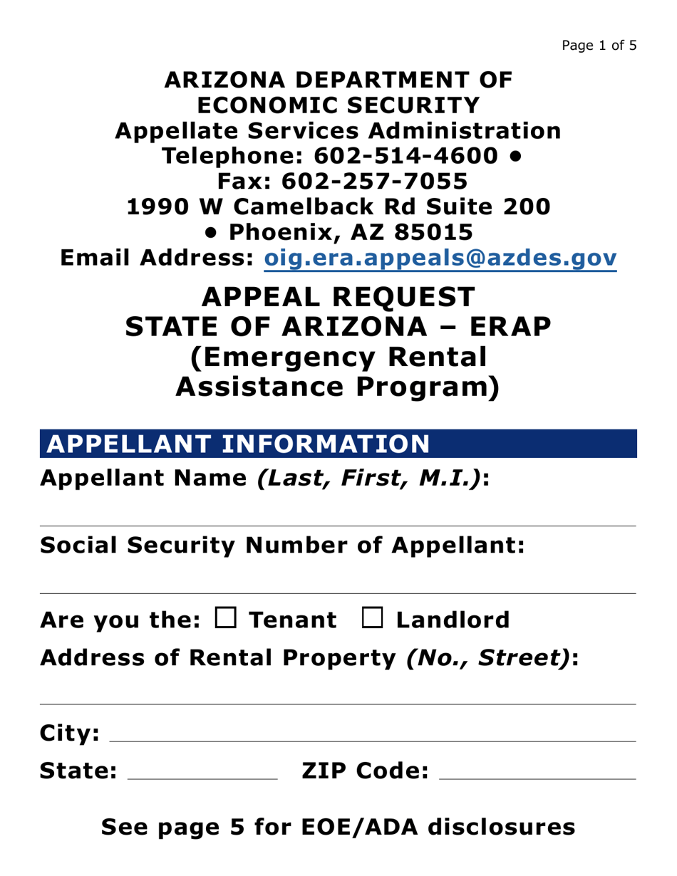 Form ASA-1011A-LP Appeal Request - Erap (Large Print) - Arizona, Page 1