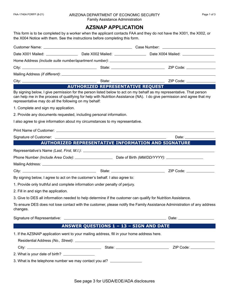 Form FAA-1740A Azsnap Application - Arizona, Page 1