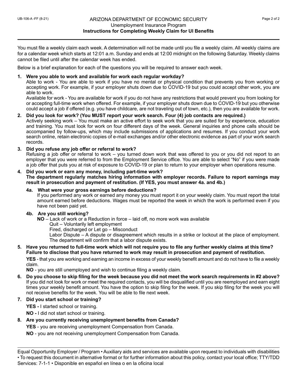 Form UB-106A Weekly Claim for Unemployment Insurance (Ui) Benefits - Arizona, Page 2
