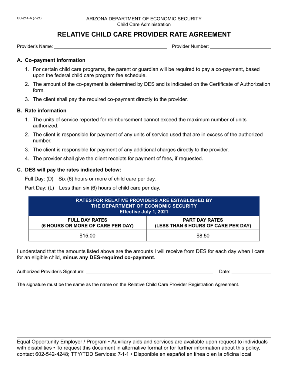 Form CC-214-A Relative Child Care Provider Rate Agreement - Arizona, Page 1