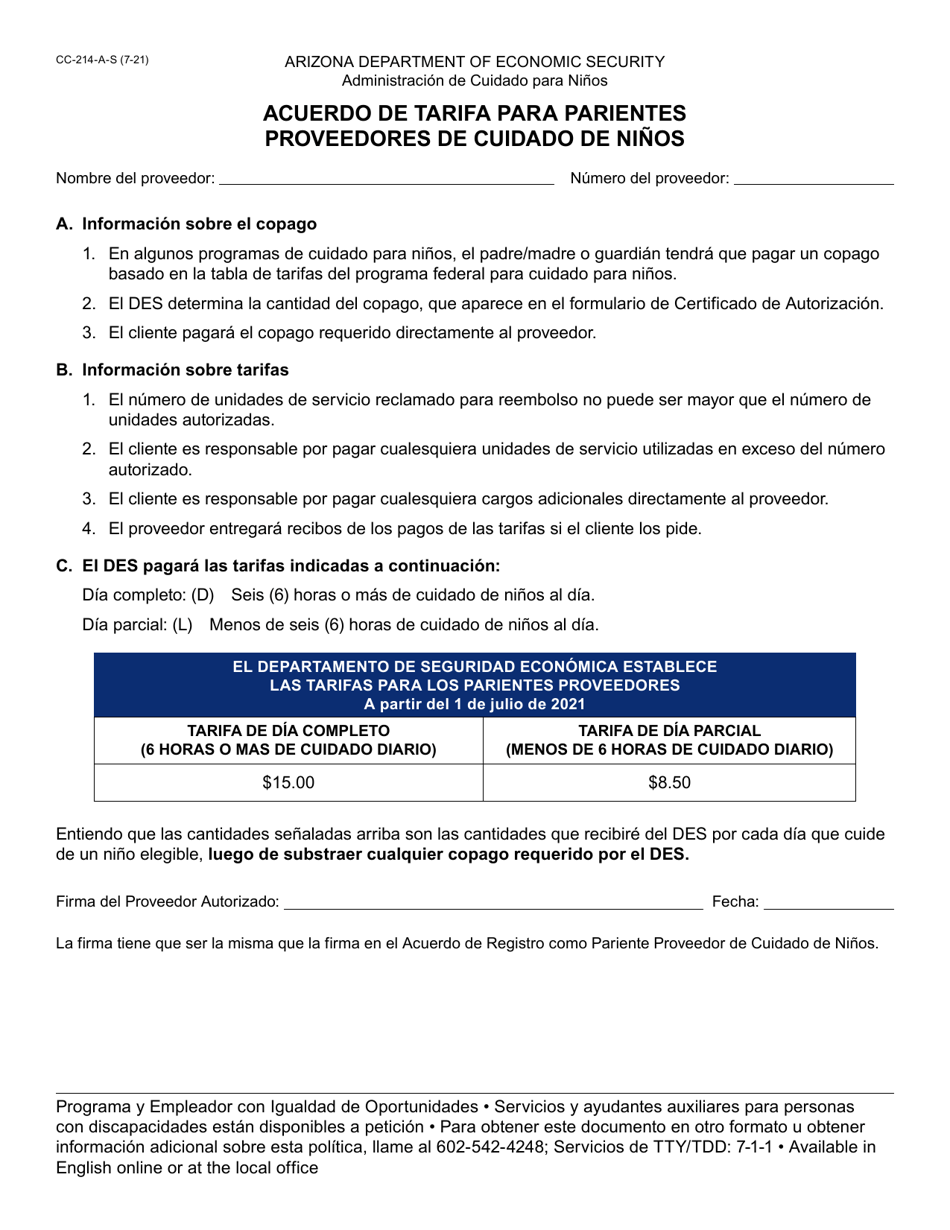 Formulario CC-214-A-S Acuerdo De Tarifa Para Parientes Proveedores De Cuidado De Ninos - Arizona (Spanish), Page 1