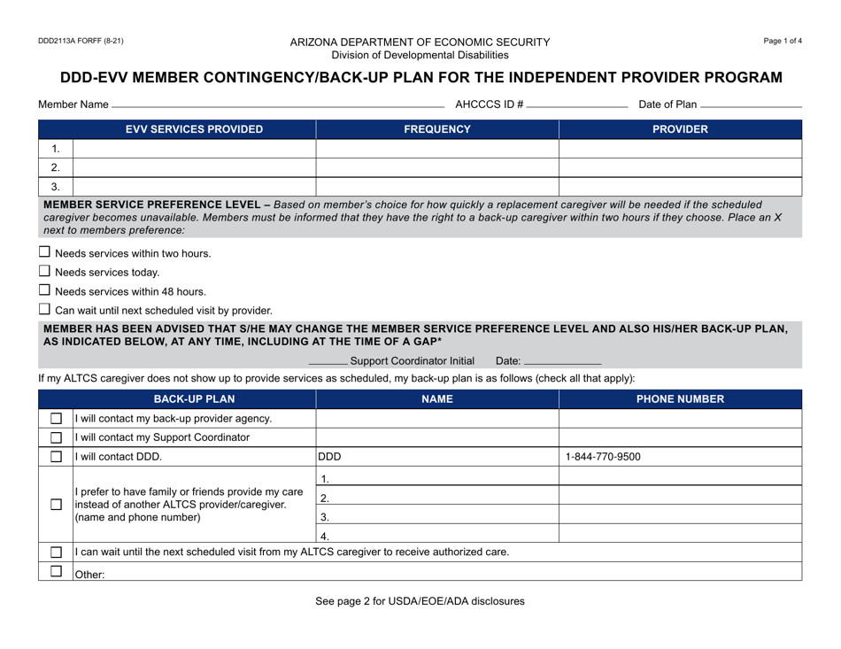 Form DDD-2113A Ddd-Evv Member Contingency / Back-Up Plan for the Independent Provider Program - Arizona, Page 1