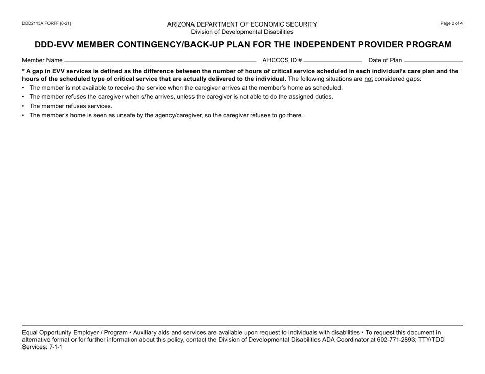Form DDD-2113A Ddd-Evv Member Contingency / Back-Up Plan for the Independent Provider Program - Arizona, Page 2