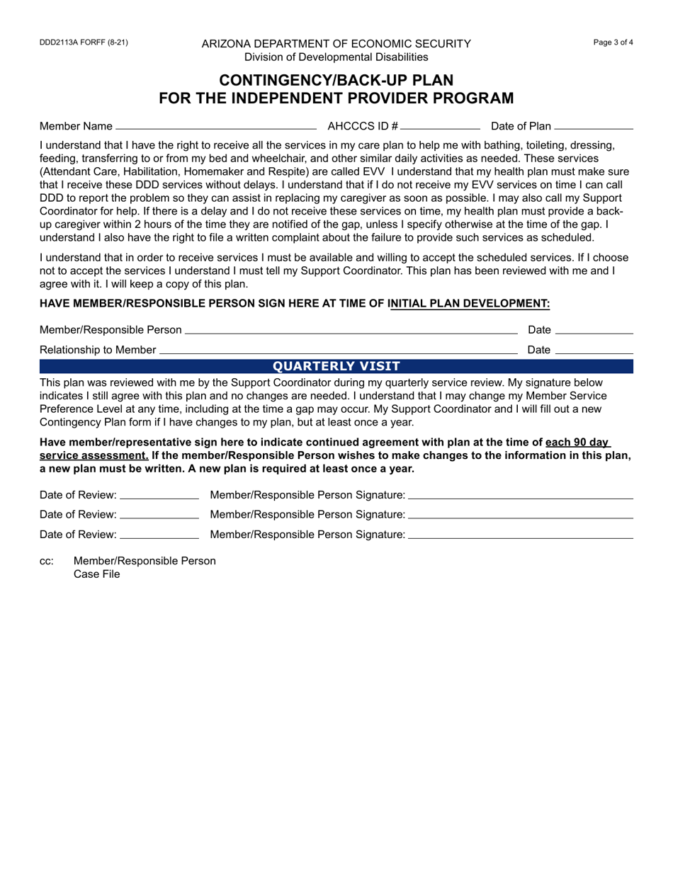 Form DDD-2113A Ddd-Evv Member Contingency / Back-Up Plan for the Independent Provider Program - Arizona, Page 3