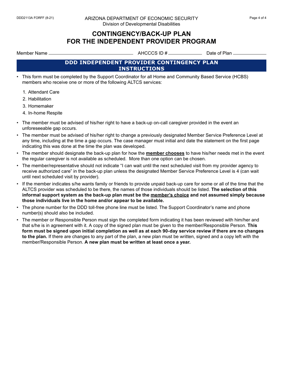 Form DDD-2113A Ddd-Evv Member Contingency / Back-Up Plan for the Independent Provider Program - Arizona, Page 4