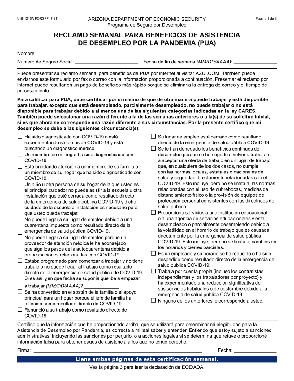 Formulario UIB-1245A-S Reclamo Semanal Para Beneficios De Asistencia De Desempleo Por La Pandemia (Pua) - Arizona (Spanish), Page 1