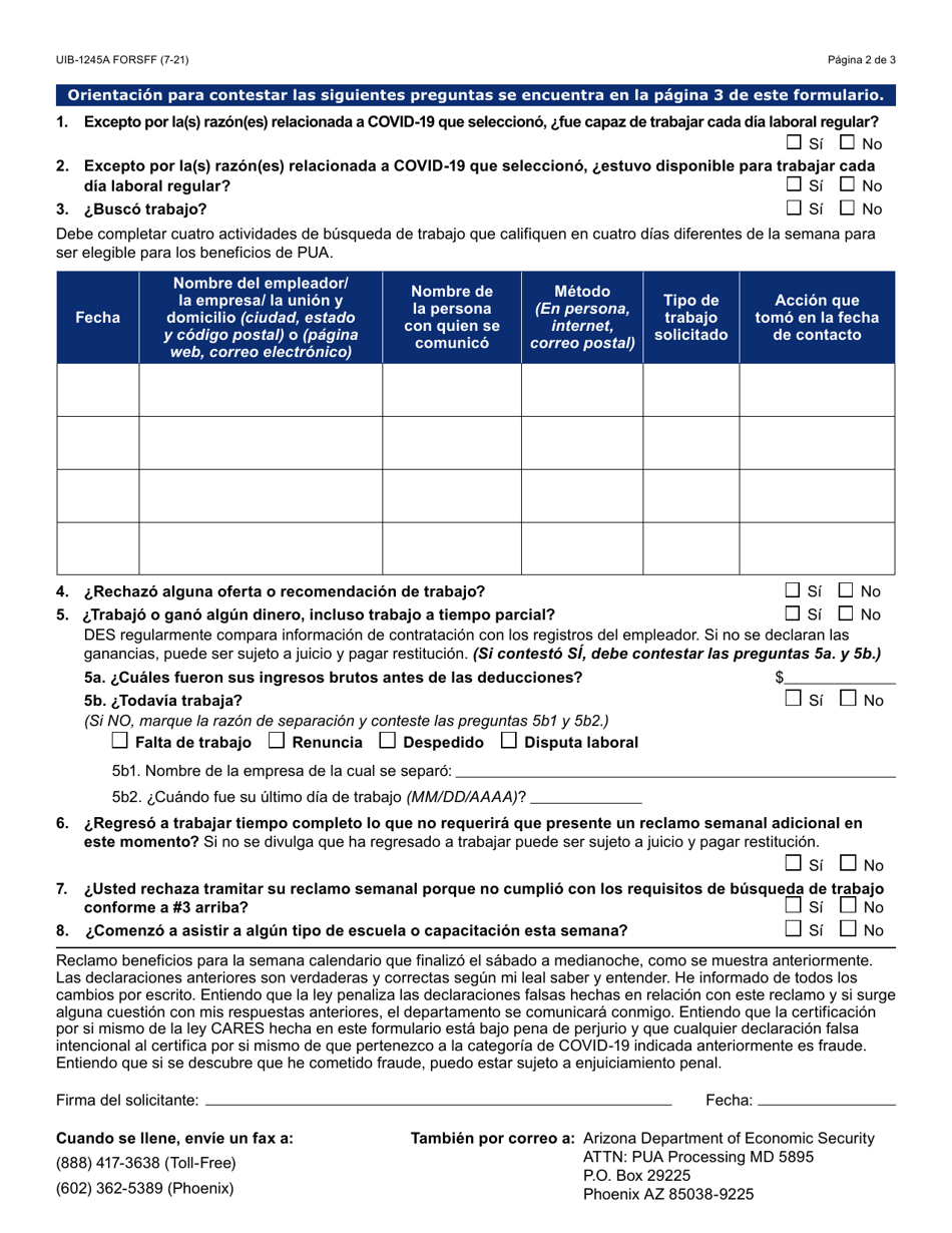Formulario UIB-1245A-S Reclamo Semanal Para Beneficios De Asistencia De Desempleo Por La Pandemia (Pua) - Arizona (Spanish), Page 2