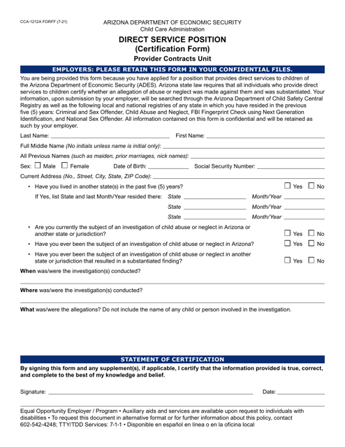 Form CCA-1212A Direct Service Position (Certification Form) - Arizona