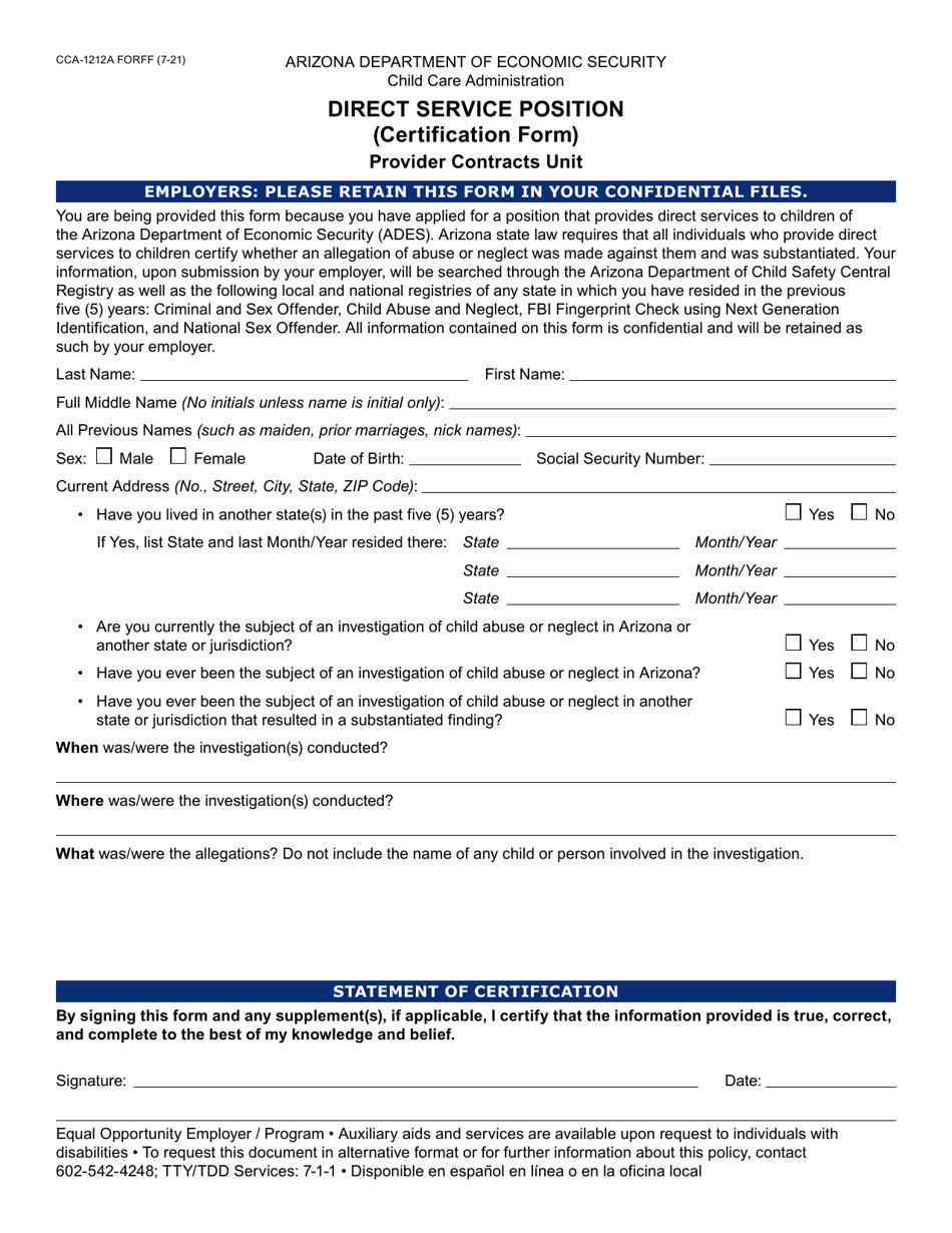 Form CCA-1212A Direct Service Position (Certification Form) - Arizona, Page 1