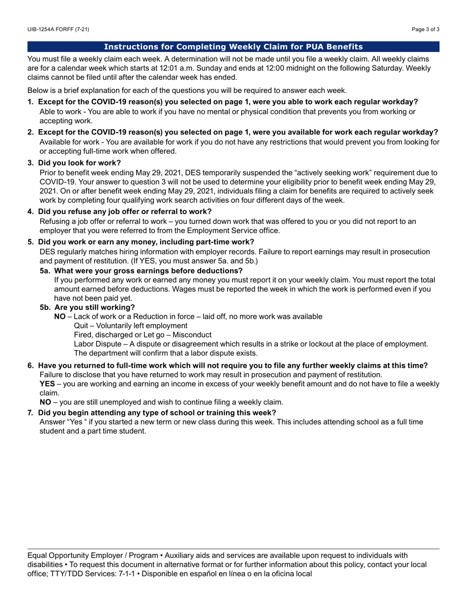 Form UIB-1254A Amended Weekly Claim for Pandemic Unemployment Assistance Benefits - Arizona, Page 3