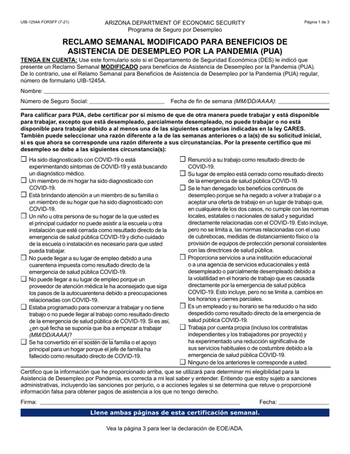 Formulario UIB-1254A-S Reclamo Semanal Modificado Para Beneficios De Asistencia De Desempleo Por La Pandemia (Pua) - Arizona (Spanish)