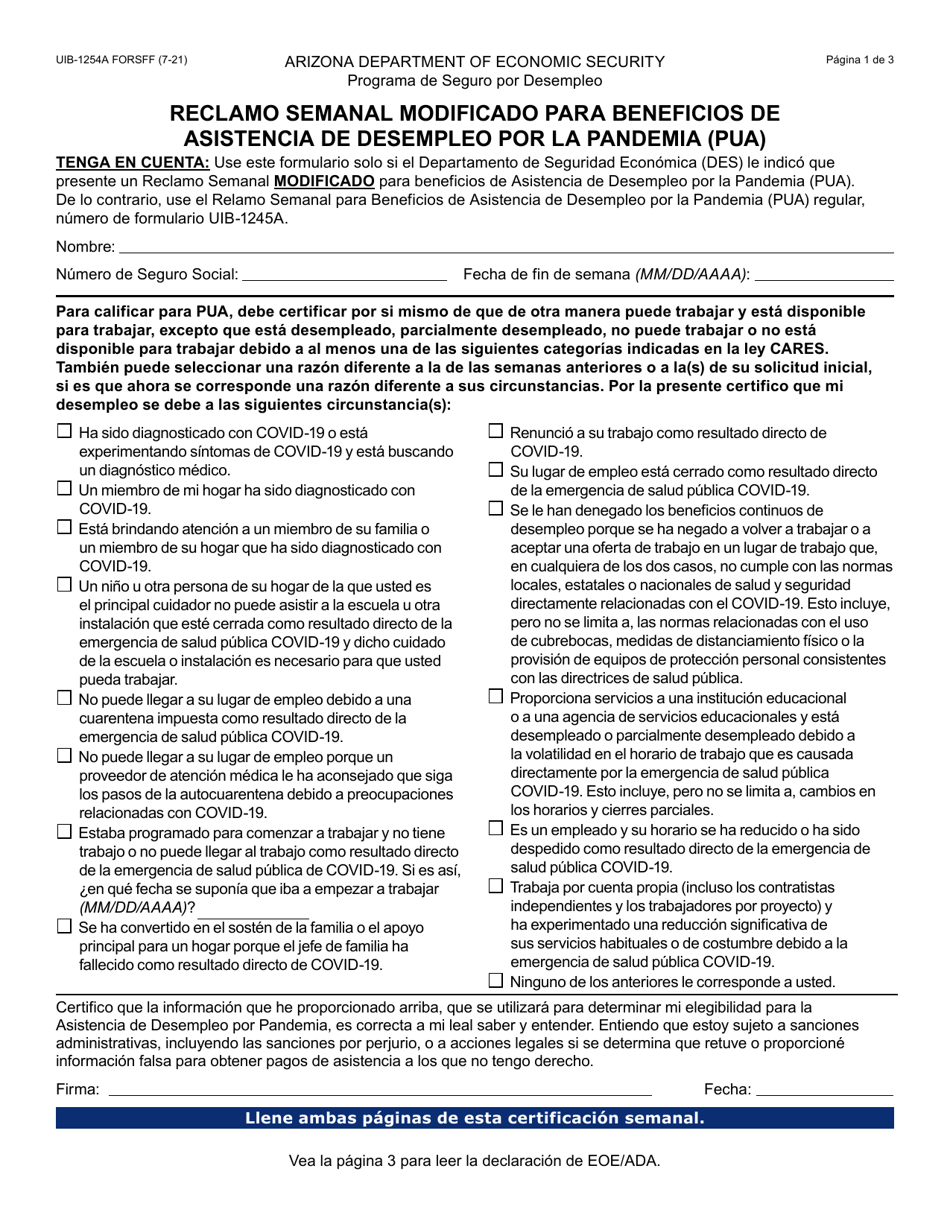 Formulario UIB-1254A-S Reclamo Semanal Modificado Para Beneficios De Asistencia De Desempleo Por La Pandemia (Pua) - Arizona (Spanish), Page 1