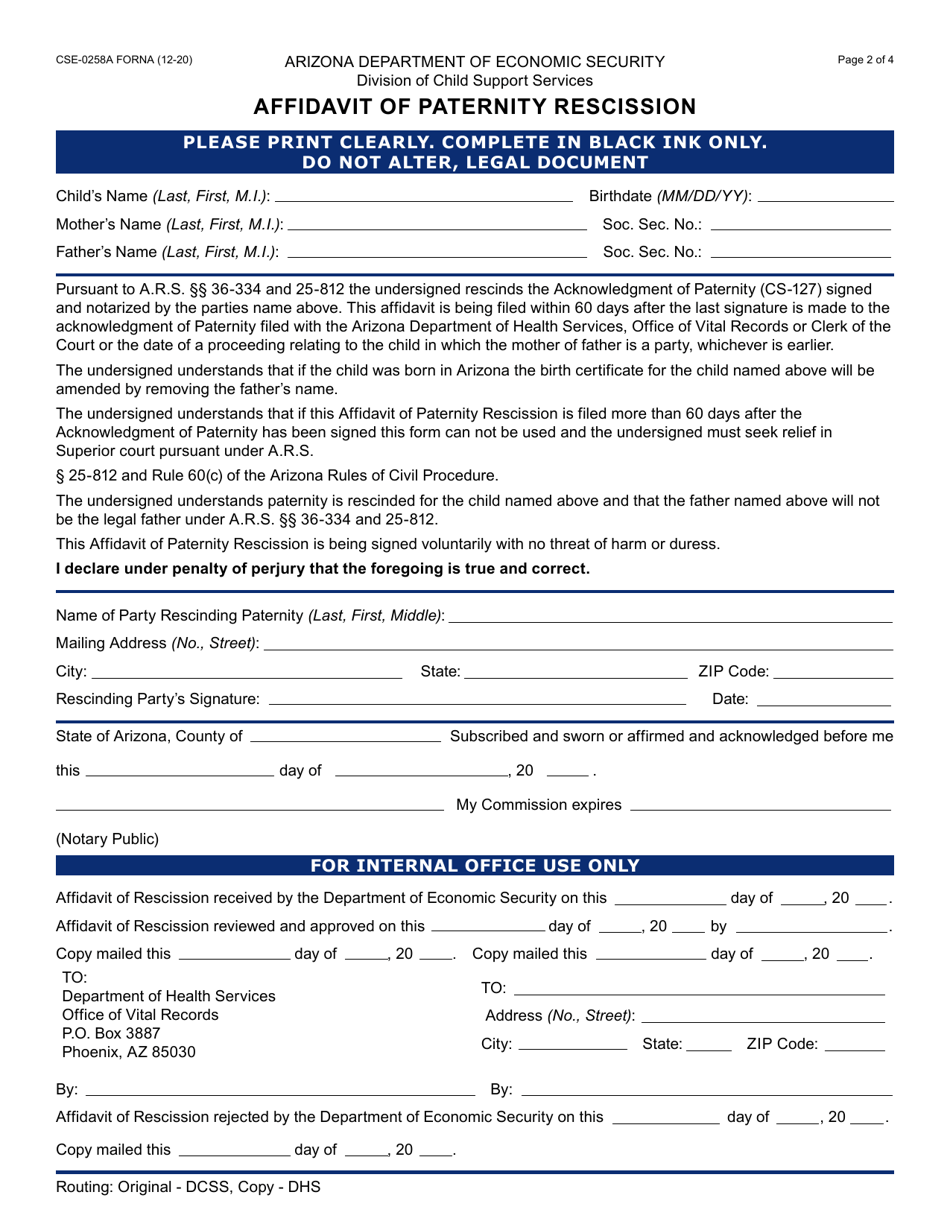Form CSE-0258A Affidavit of Paternity Rescission - Arizona (English / Spanish), Page 2