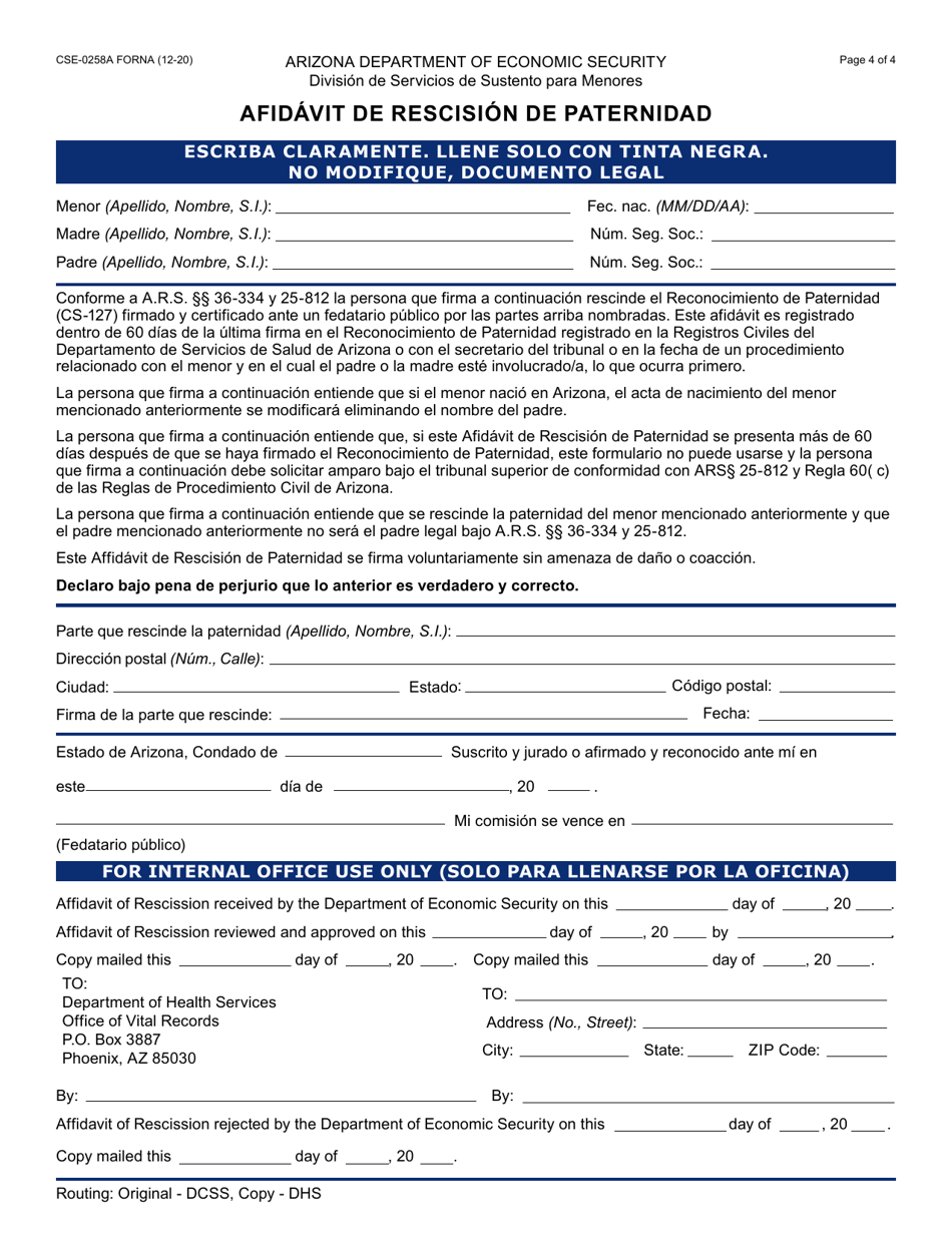 Form CSE-0258A Affidavit of Paternity Rescission - Arizona (English / Spanish), Page 4