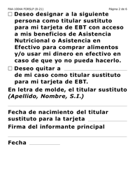 Formulario FAA-1004A-SLP Designacion De Titular Sustituto Para La Tarjeta De Ebt (Letra Grande) - Arizona (Spanish), Page 2
