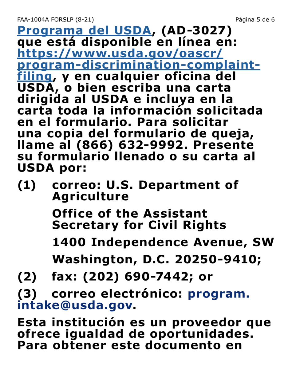 Formulario FAA-1004A-SLP Designacion De Titular Sustituto Para La Tarjeta De Ebt (Letra Grande) - Arizona (Spanish), Page 5