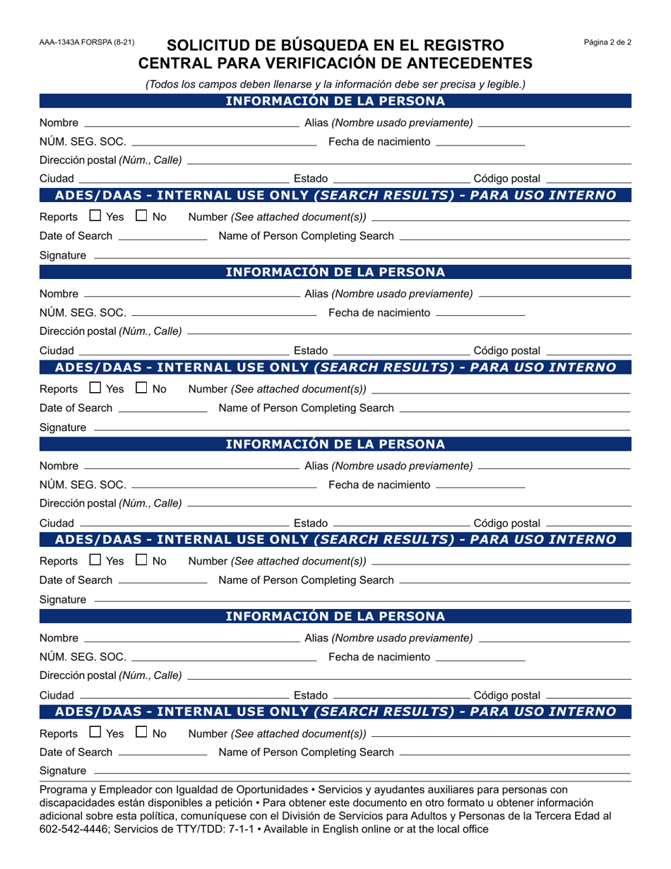 Formulario AAA-1343A-S Solicitud De Busqueda En El Registro Central Para Verificacion De Antecedentes-Portada - Arizona (Spanish), Page 2