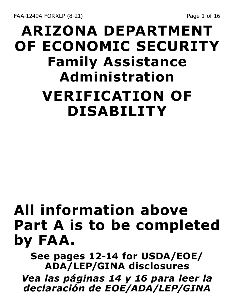 Form FAA-1249A-XLP Verification of Disability (Extra Large Print) - Arizona (English / Spanish), Page 1