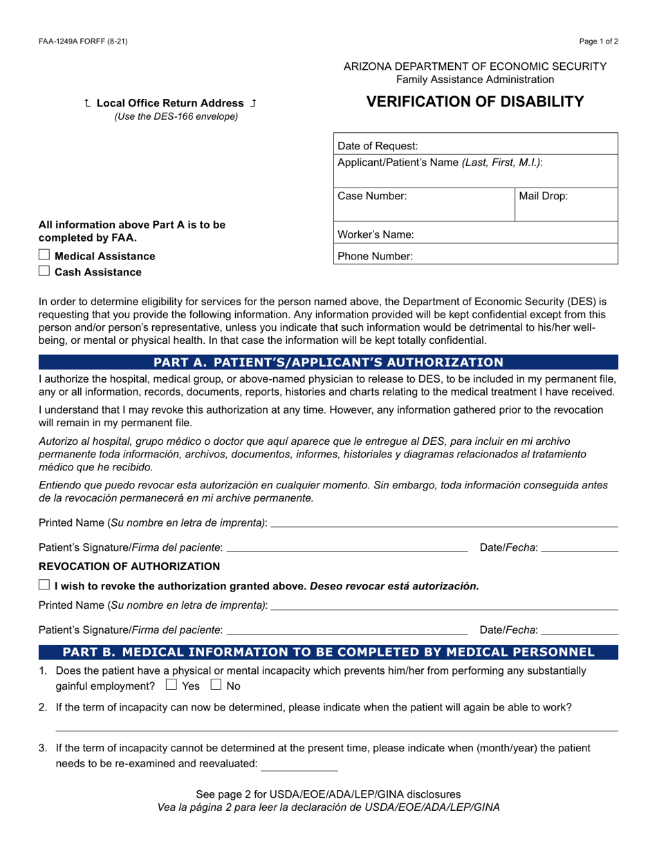 Form FAA-1249A Verification of Disability - Arizona (English / Spanish), Page 1
